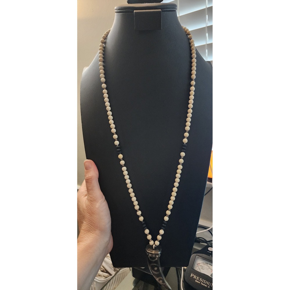 Boho Dzi Eye Horn Pendant Beaded Necklace Long Tribal Statement Cream Black